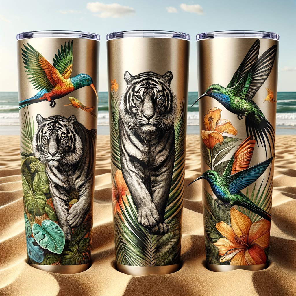 Image of a gold canvas tumbler adorned with a majestic tiger, tropical animals, and lush leaves on sandy beach