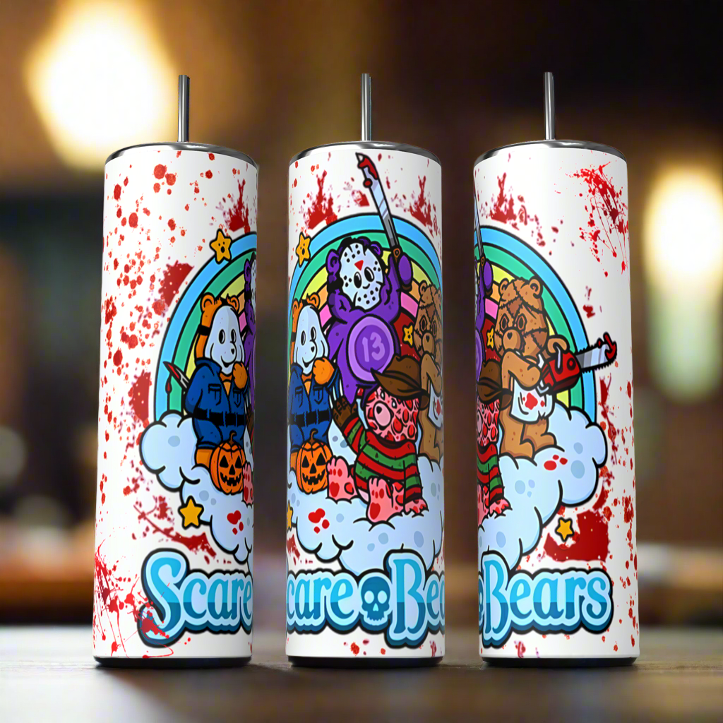 Image of a 20oz skinny tumbler featuring a design called 'Scare Bear'. The design shows four bears dressed in scary costumes.  The bears are all shown in a playful and cartoonish style, with bright colors.
 
